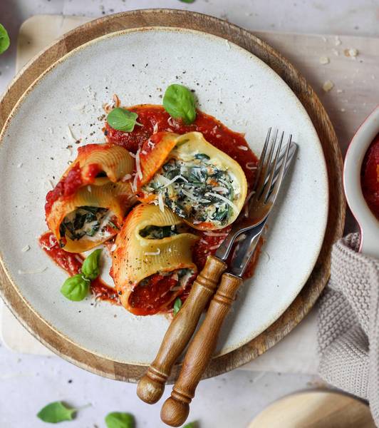 Gefüllte Muschelnnudeln mit Spinat und Frischkäse